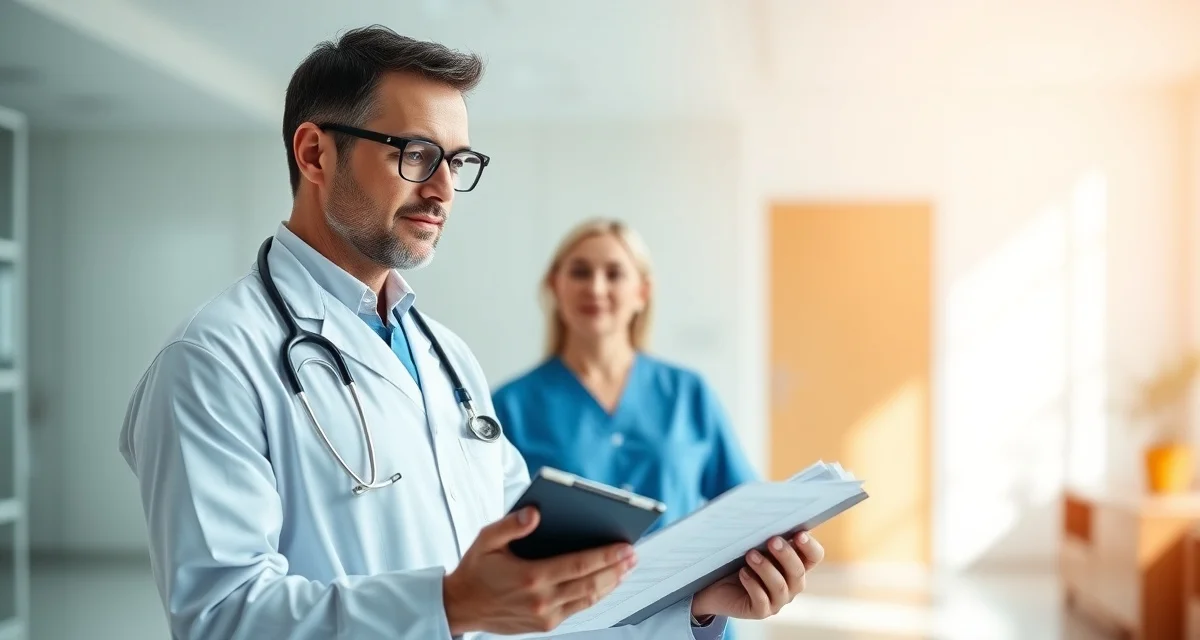 Hair transplant surgeon consultation and patient evaluation Experienced surgeon reviewing hair transplant patient consultation with medical records and treatment plan documentation