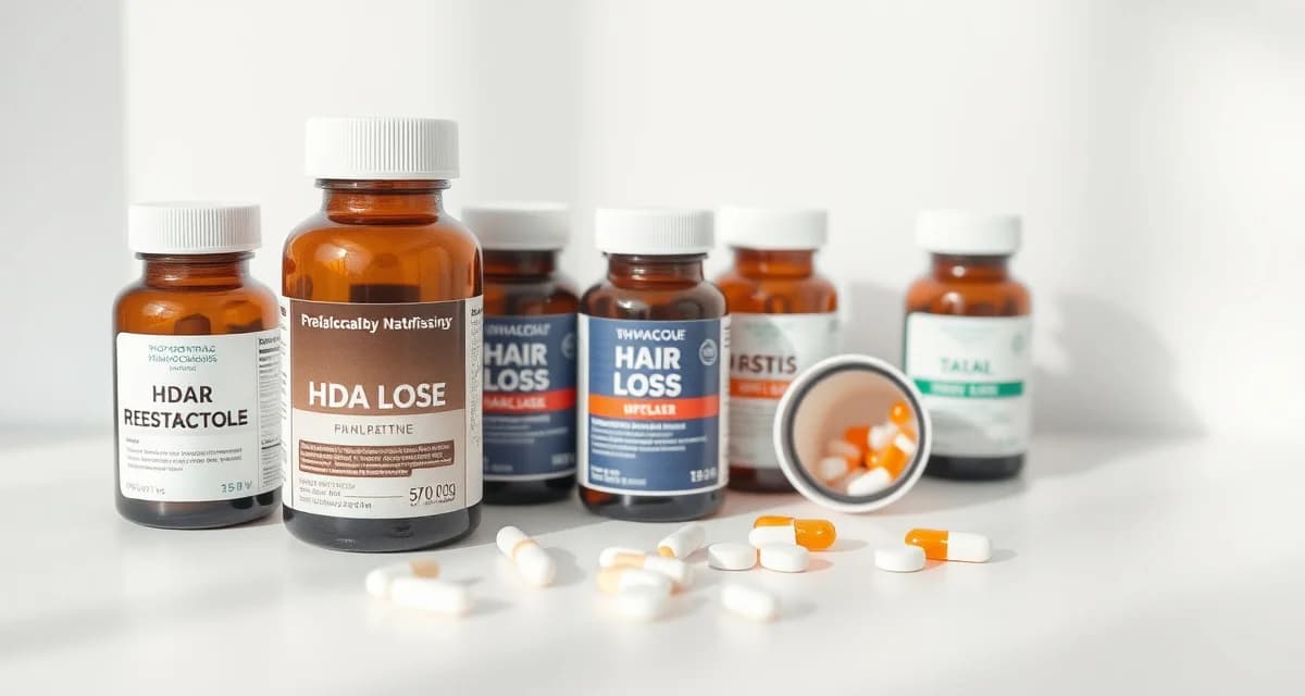 Comparison of hair loss treatment medications FDA-approved hair loss medications including minoxidil and finasteride bottles displayed with clinical presentation for treatment comparison