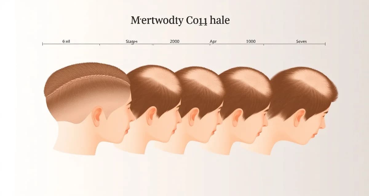 Norwood Scale stages of hair loss progression Visual guide to the Norwood Scale showing seven progressive stages of male pattern baldness from stage 1 to stage 7.
