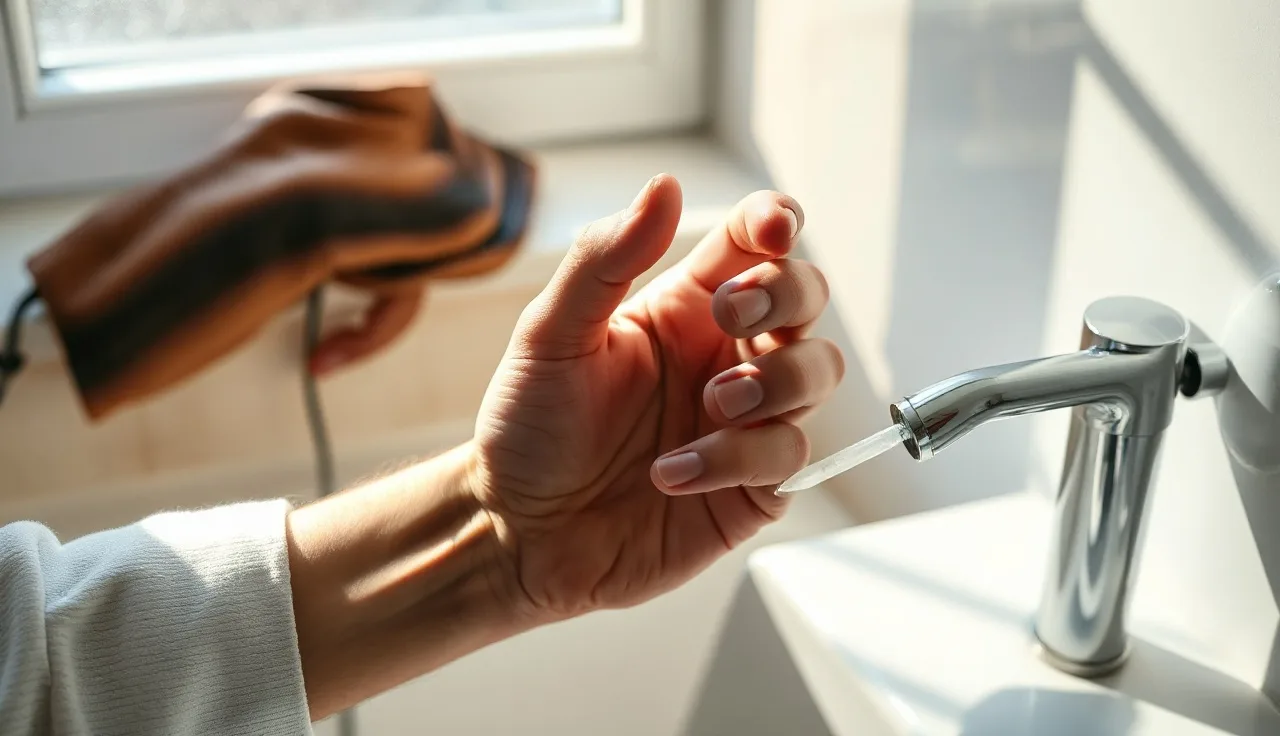 Man applying topical hair loss treatment at bathroom sink in morning light