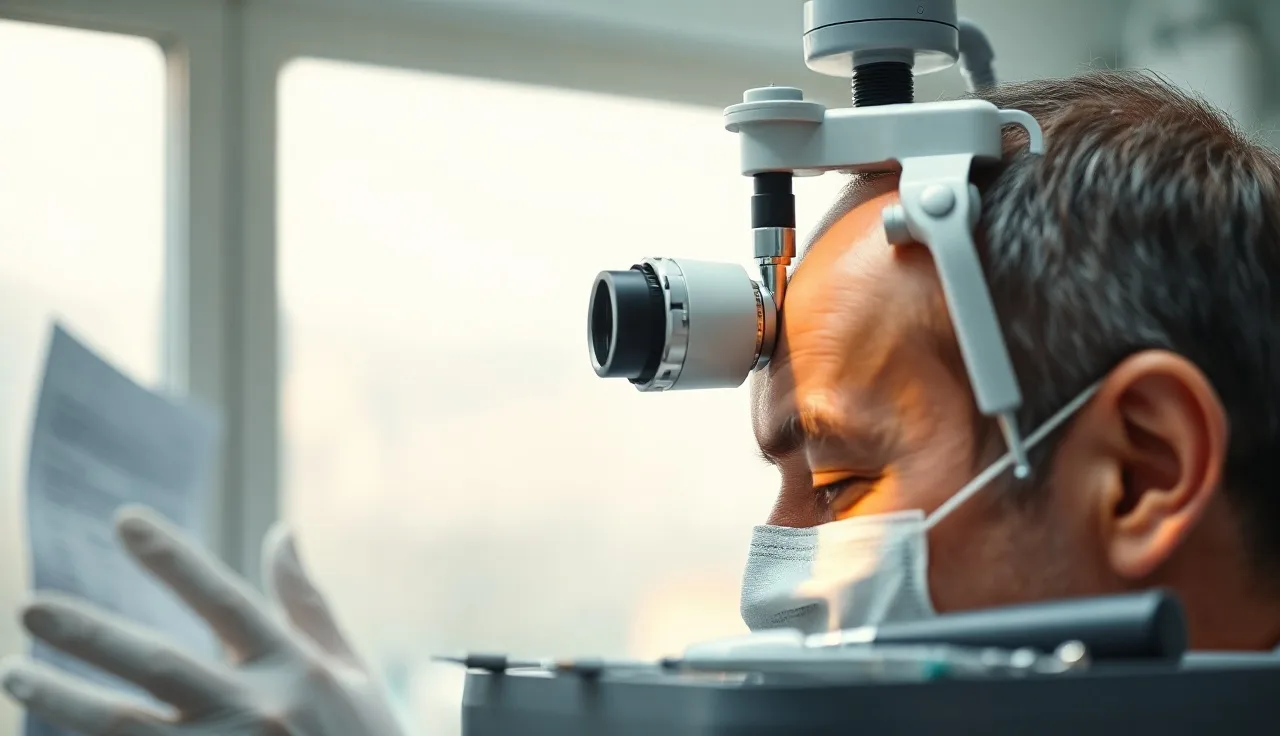 Dermatologist examining man's scalp before a FUT hair transplant consultation