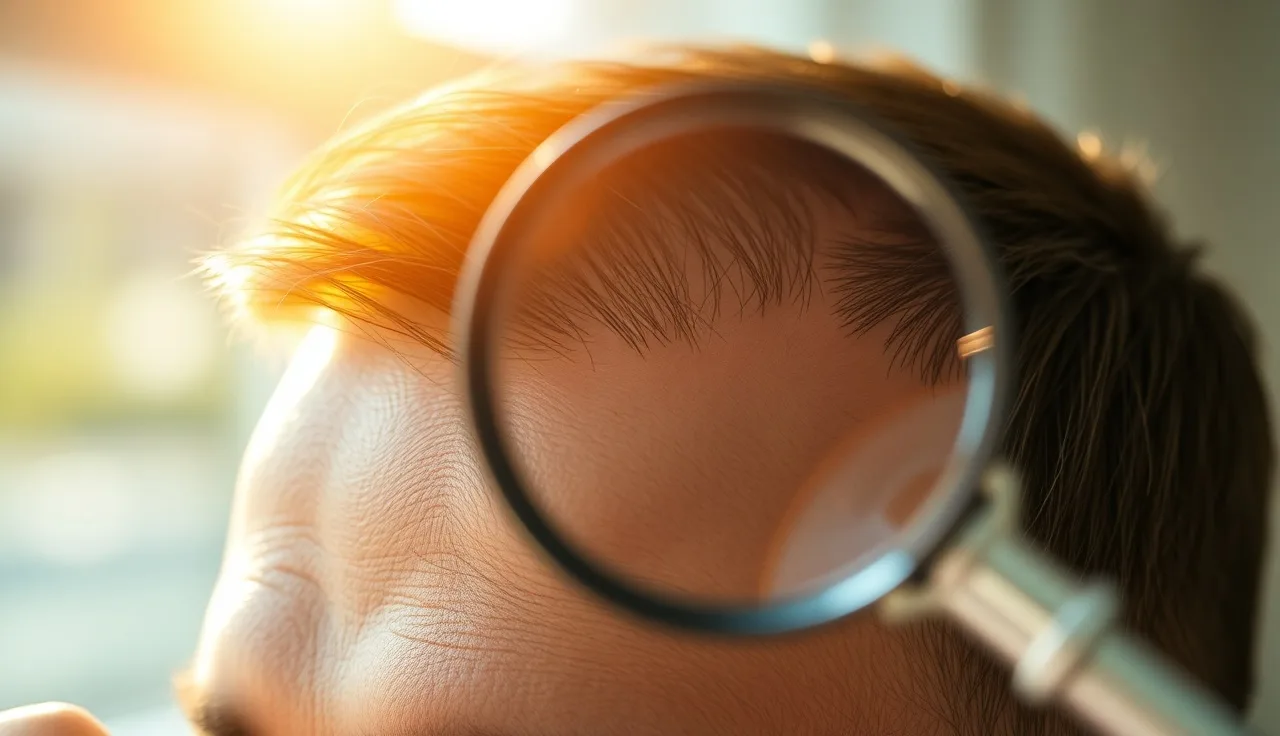Dermatologist examining a man's scalp for follicle miniaturization under magnification