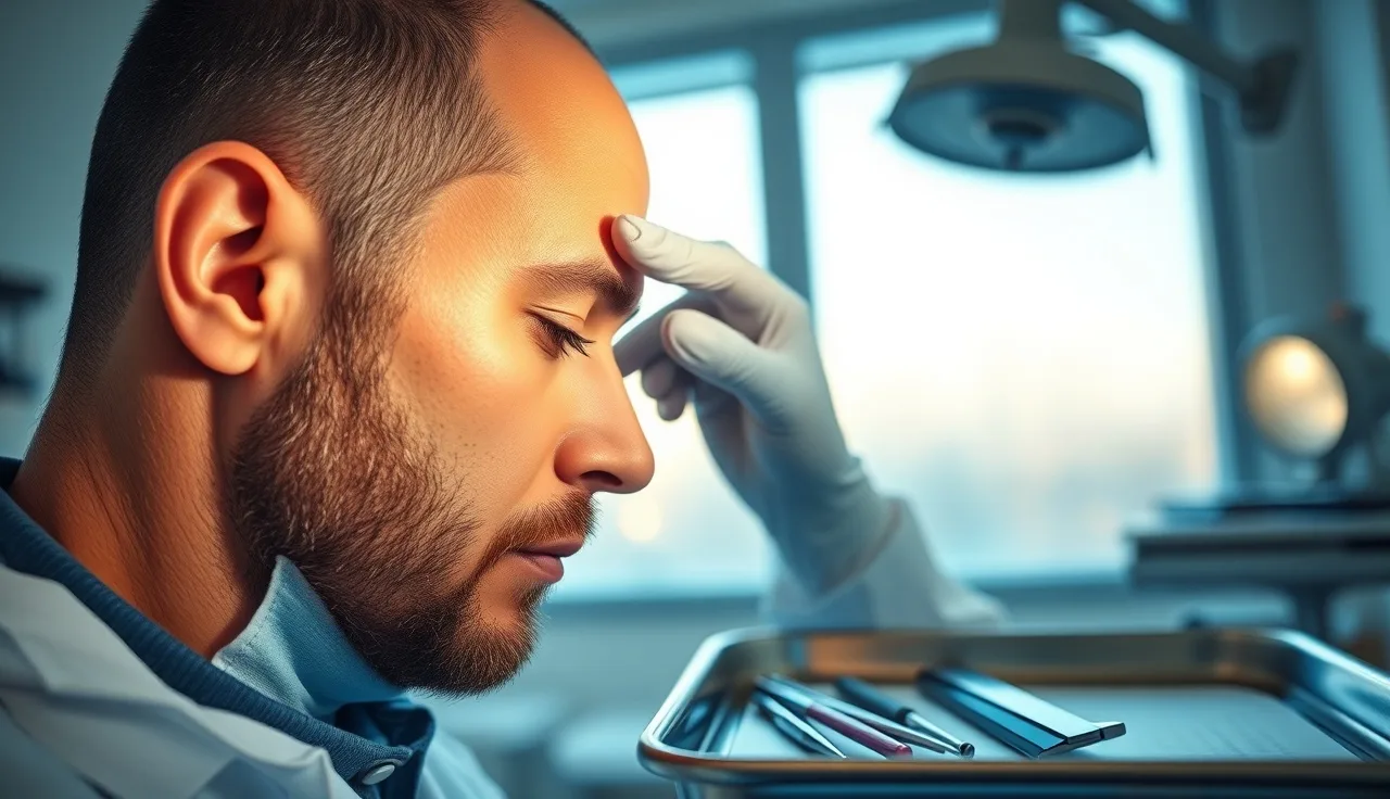 Dermatologist examining male patient scalp before hair transplant consultation