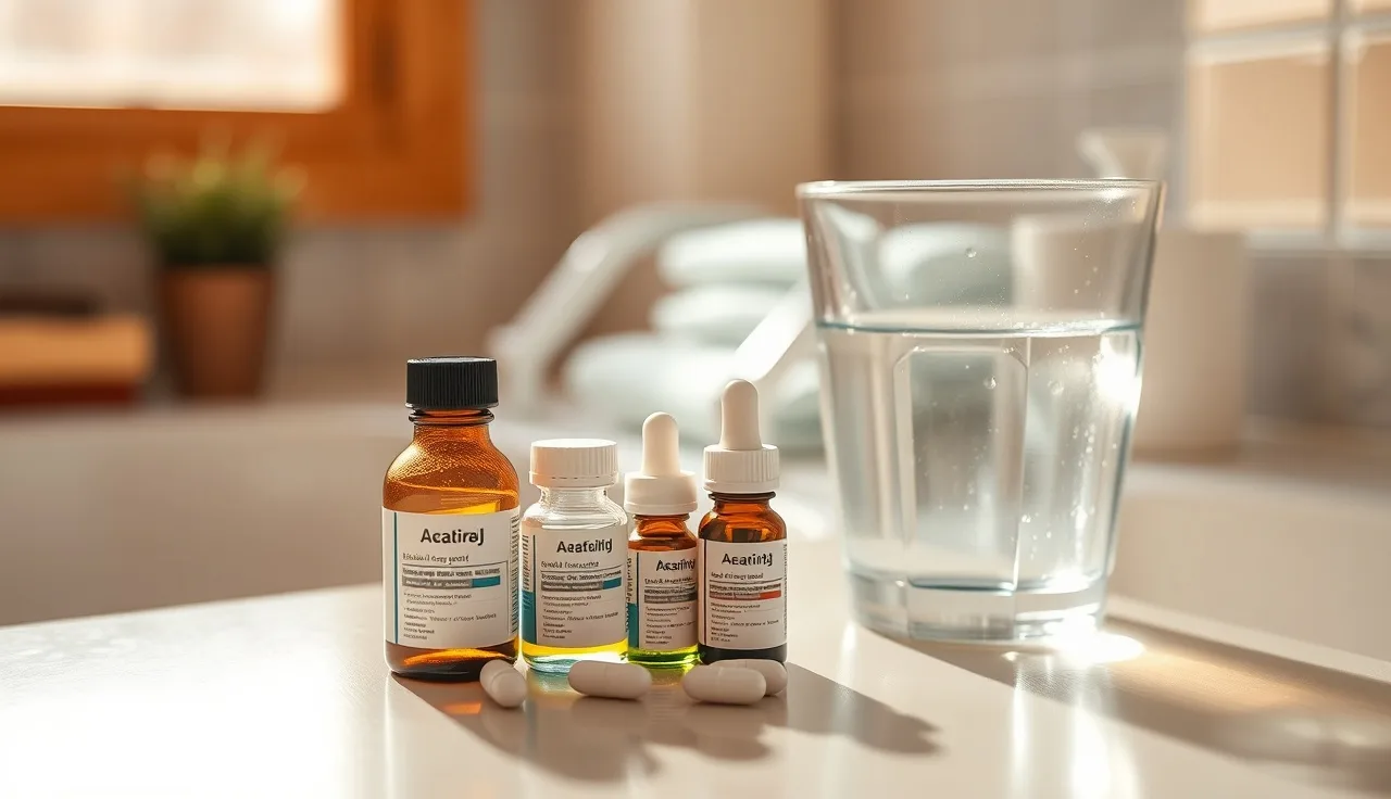 Assorted hair loss treatment bottles on a bathroom counter, safety interaction concept