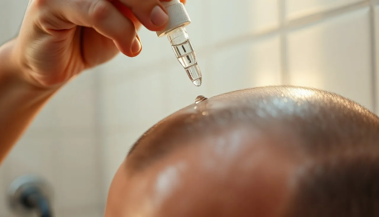 Man applying topical minoxidil drops to thinning crown for androgenic alopecia treatment