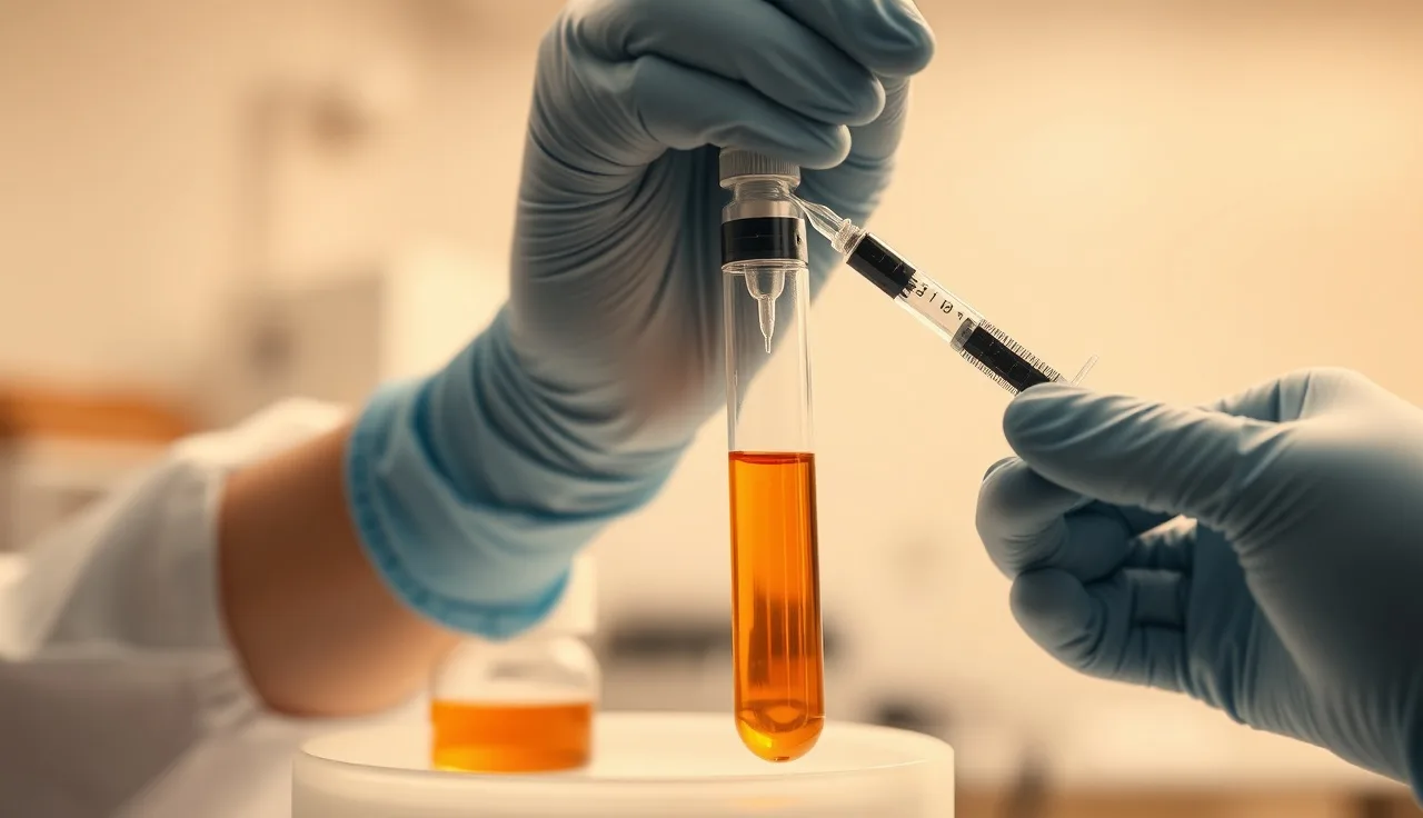 Dermatologist preparing PRP plasma syringe for hair loss injection treatment